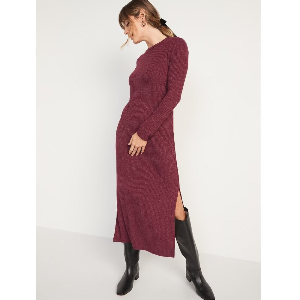 NEW Old Navy Rib-Knit Long-Sleeve Maxi Shift Dress Crimson Cranberry Size Large